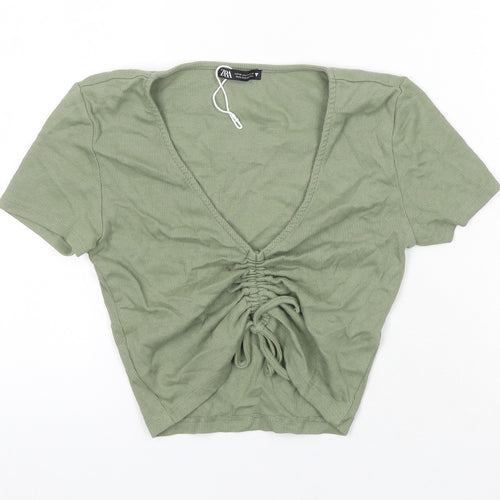 Zara Womens Green Herringbone Cotton Cropped T-Shirt Size M V-Neck