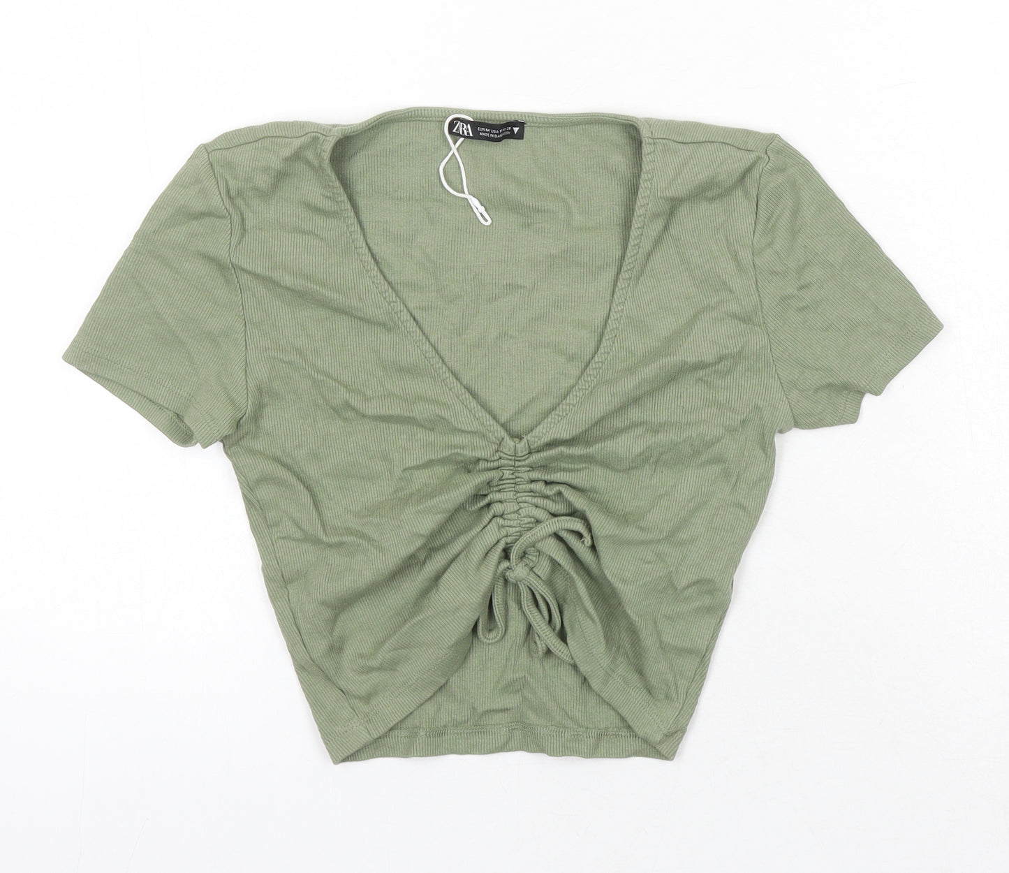 Zara Womens Green Herringbone Cotton Cropped T-Shirt Size M V-Neck
