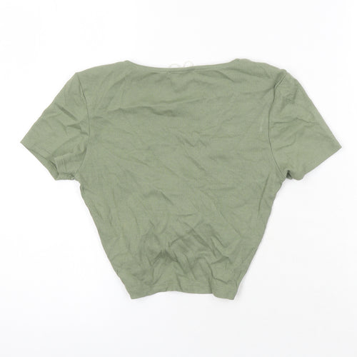Zara Womens Green Herringbone Cotton Cropped T-Shirt Size M V-Neck