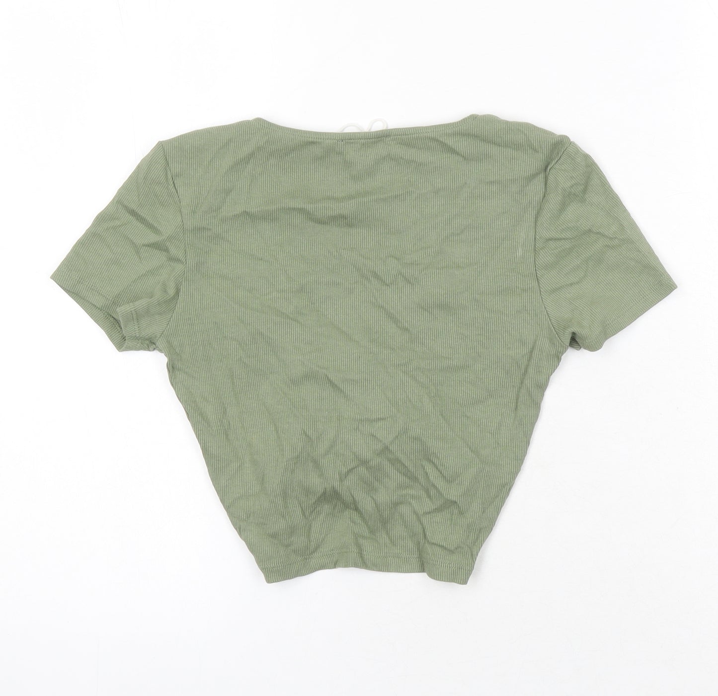 Zara Womens Green Herringbone Cotton Cropped T-Shirt Size M V-Neck