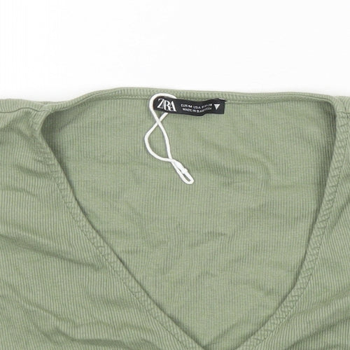 Zara Womens Green Herringbone Cotton Cropped T-Shirt Size M V-Neck