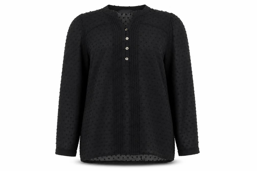 Front view of David Emanuel women’s black polyester tunic blouse, size UK 12, sweetheart