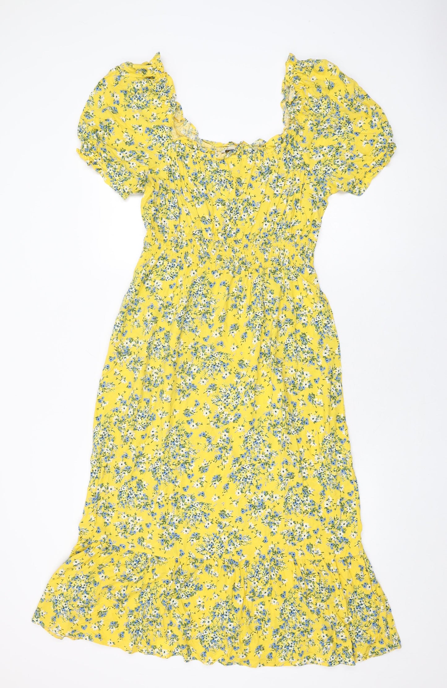 M&Co Womens Yellow Floral Viscose A-Line Size 14 Square Neck Pullover