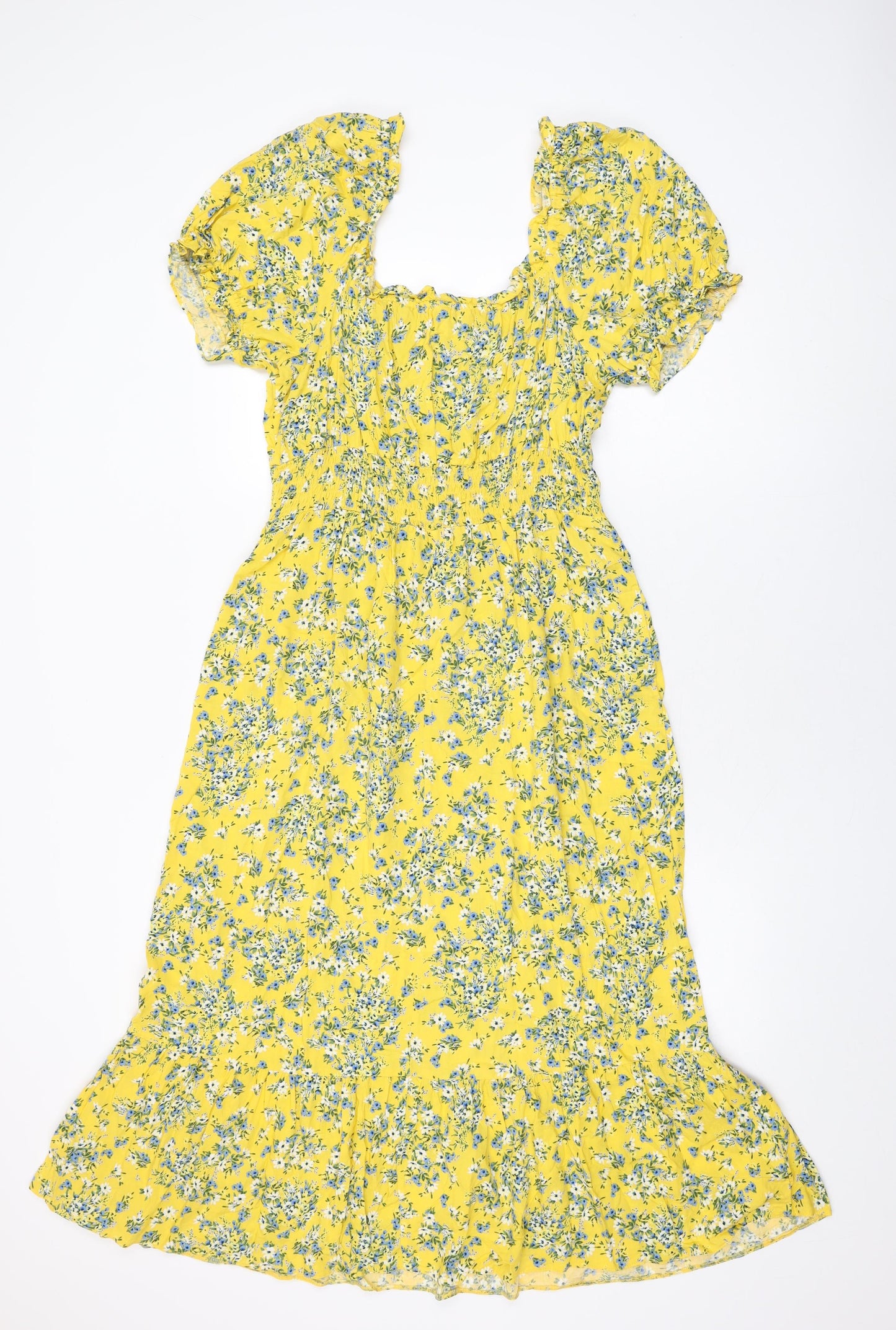 M&Co Womens Yellow Floral Viscose A-Line Size 14 Square Neck Pullover