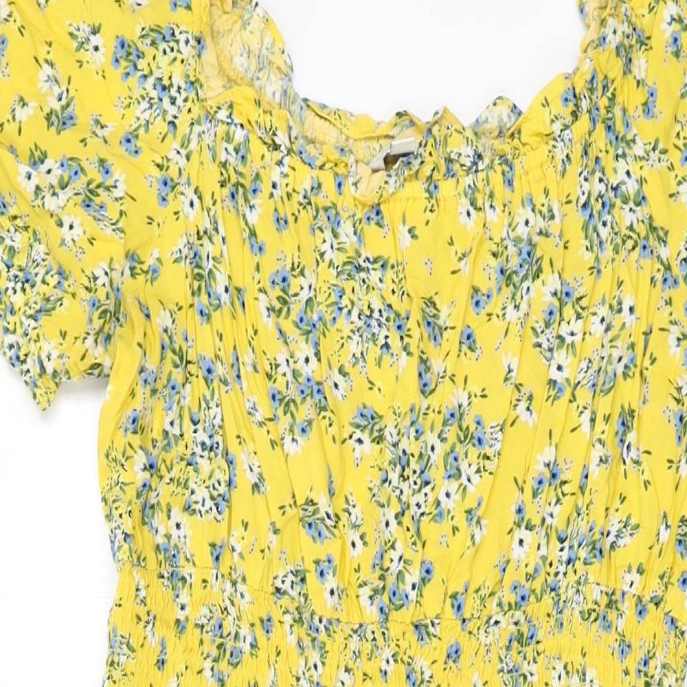 M&Co Womens Yellow Floral Viscose A-Line Size 14 Square Neck Pullover