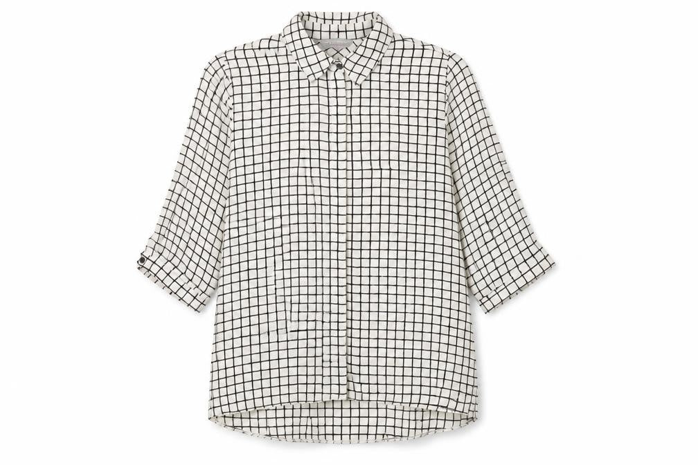 Front view of Dorothy Perkins women’s white geometric polyester basic button-up, size UK 10, collared