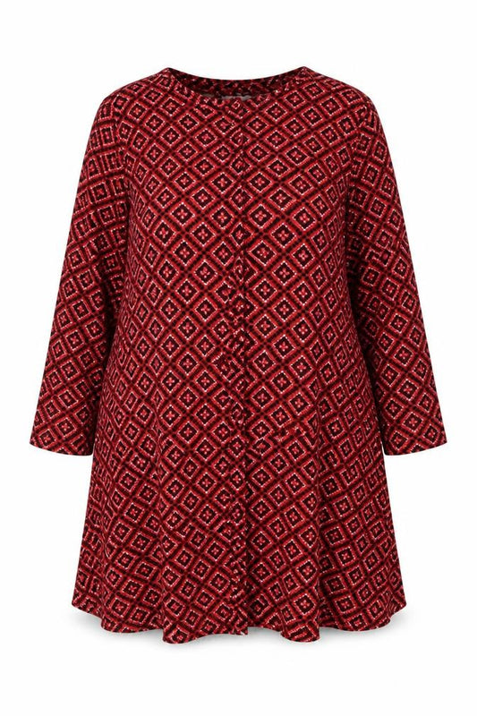 Front view of Simply Be women’s red geometric polyester shift, size UK 22, round neck pullover