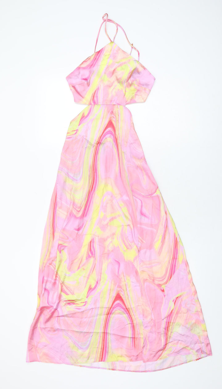 Bershka Womens Pink Geometric Polyester A-Line Size XS Halter Tie