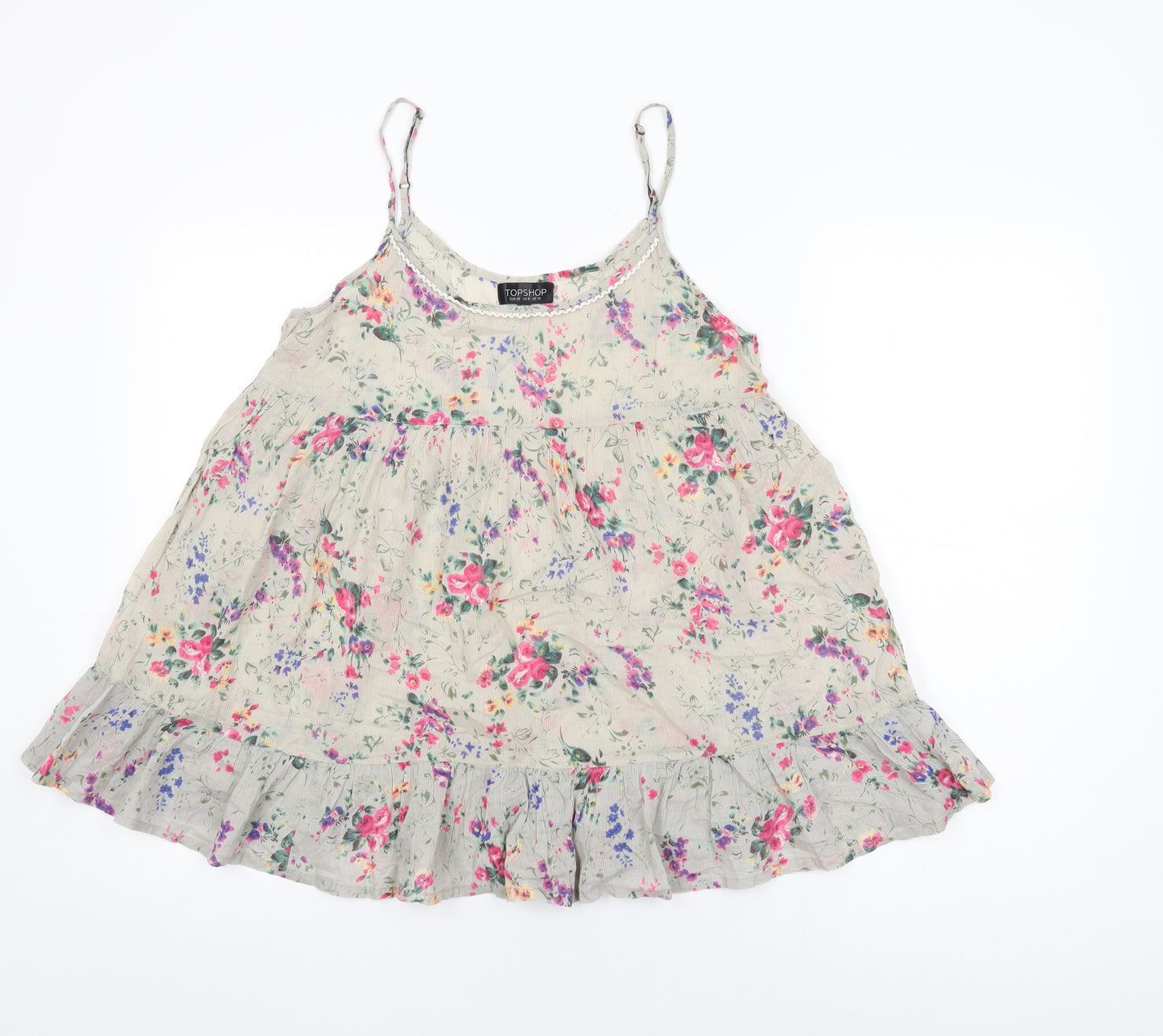 Topshop Womens Grey Floral Cotton Basic T-Shirt Size 10 Scoop Neck