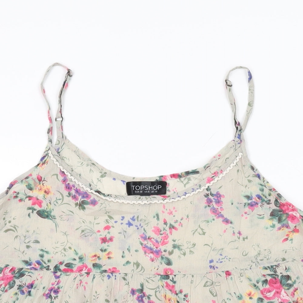 Topshop Womens Grey Floral Cotton Basic T-Shirt Size 10 Scoop Neck