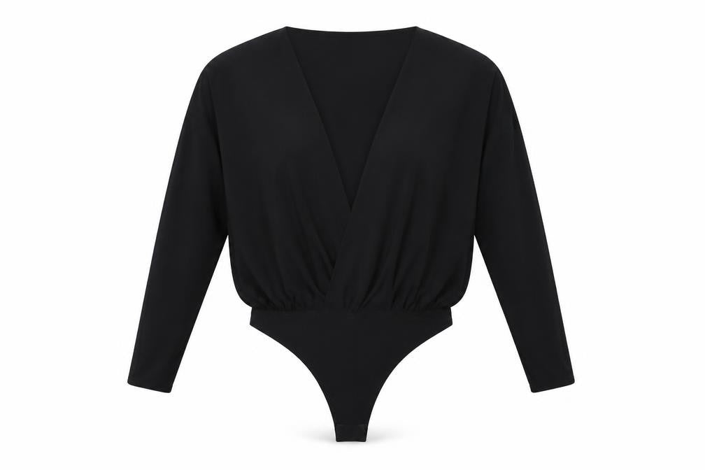 Front view of PRETTYLITTLETHING women’s black polyester bodysuit one-piece, size UK 14, snap