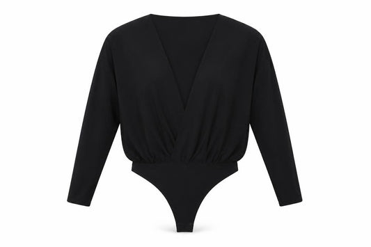 Front view of PRETTYLITTLETHING women’s black polyester bodysuit one-piece, size UK 14, snap