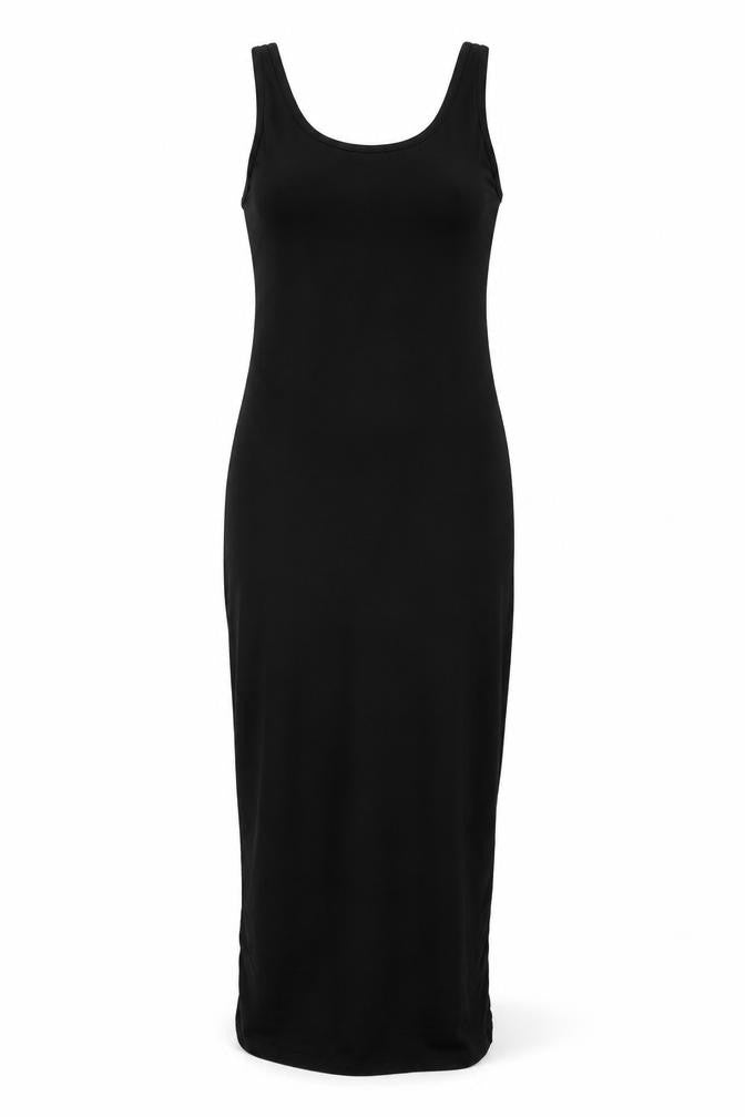 Front view of Boohoo women’s black viscose bodycon, size UK 10, scoop neck pullover