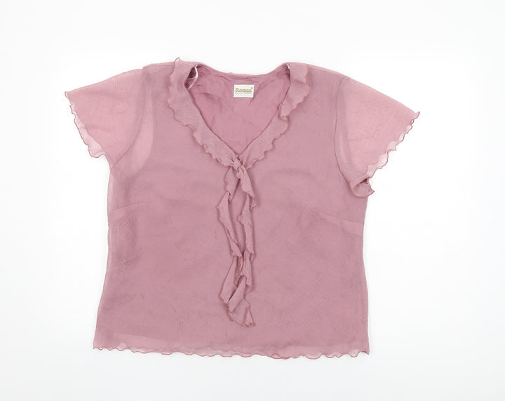 Roman Womens Pink Polyester Basic Blouse Size 16 V-Neck