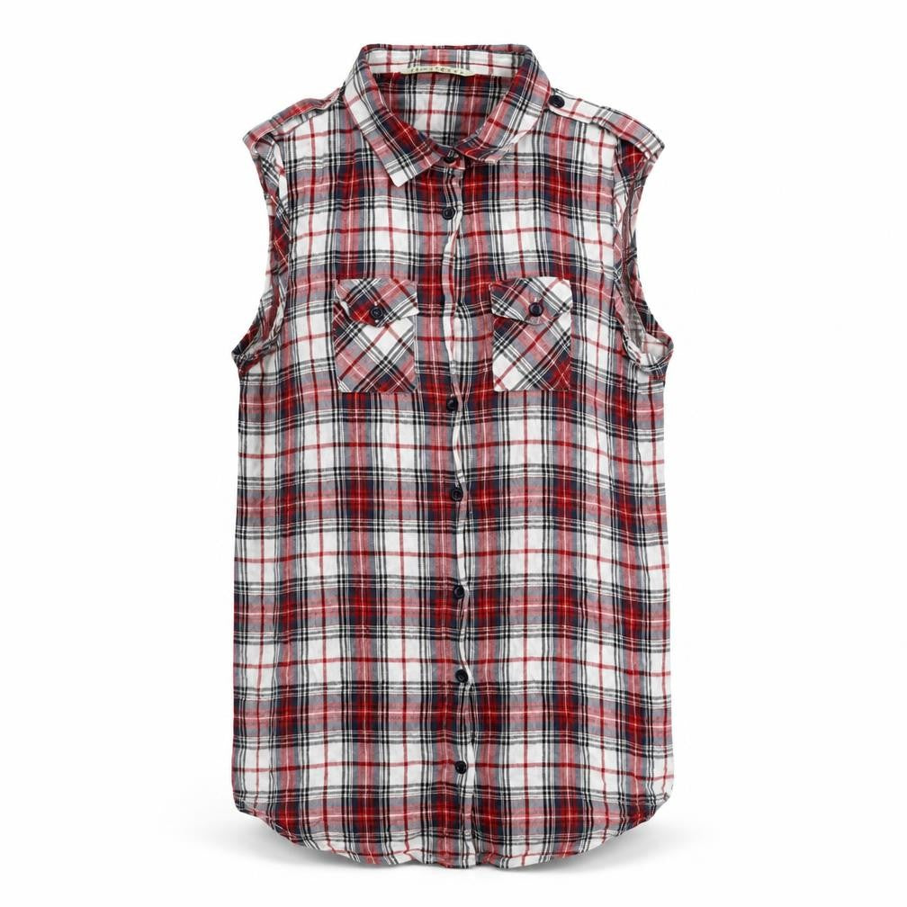 Front view of Innocence women’s red plaid cotton basic button-up, size UK 10, collared