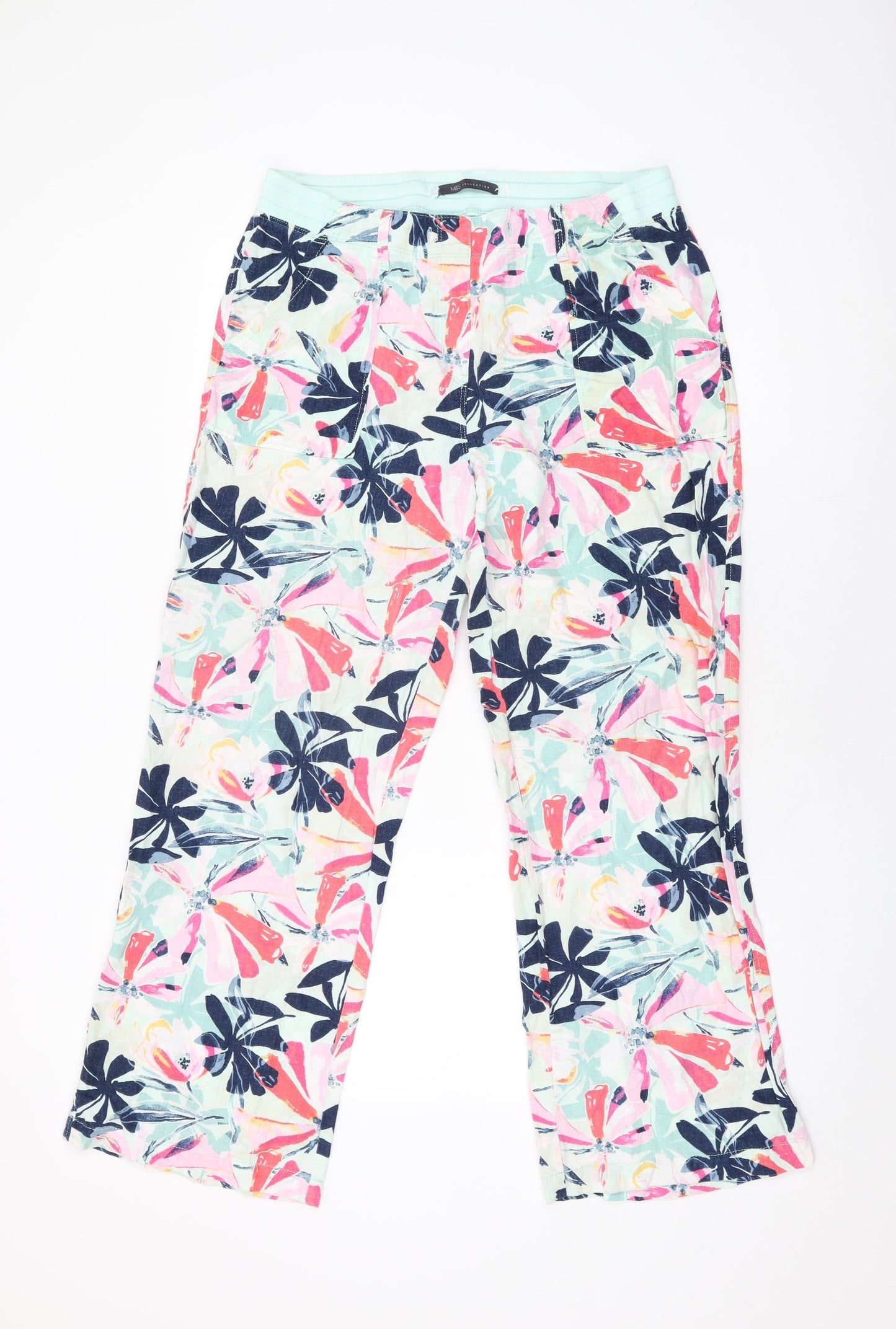 Marks and Spencer Womens Blue Floral Linen Trousers Size 12 L29.5 in Regular Drawstring