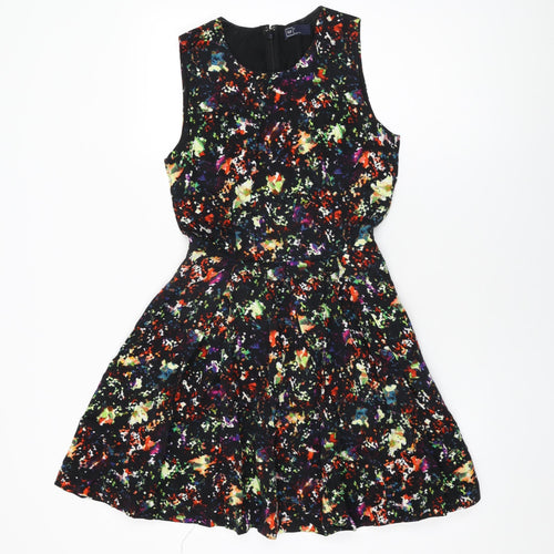 Gap Womens Black Geometric Viscose Skater Dress Size 6 Round Neck Zip
