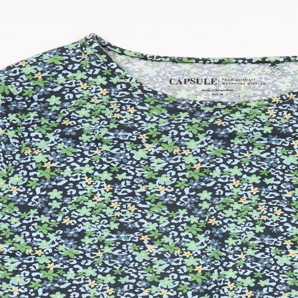 Capsule Womens Blue Floral Polyester Basic T-Shirt Size 30 Round Neck