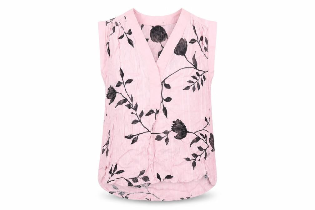 Front view of Next women’s pink floral viscose basic blouse, size UK 10, v-neck