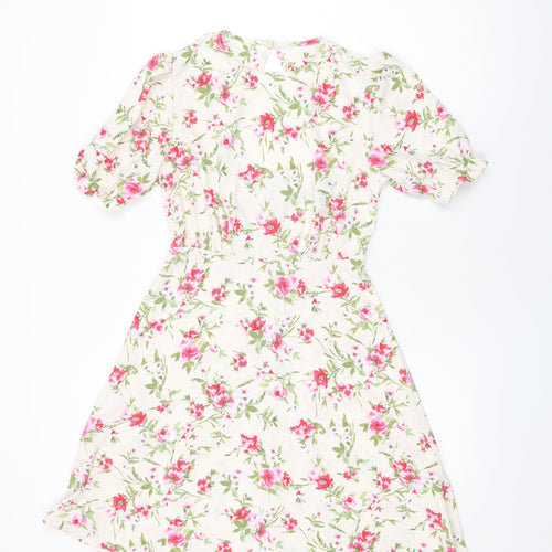 New Look Womens Ivory Floral Polyester A-Line Size 8 Round Neck Zip