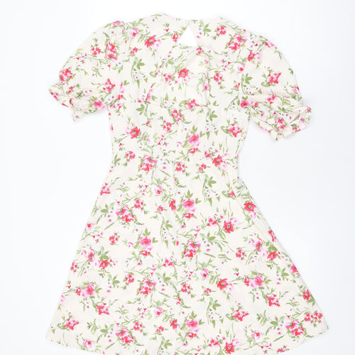 New Look Womens Ivory Floral Polyester A-Line Size 8 Round Neck Zip