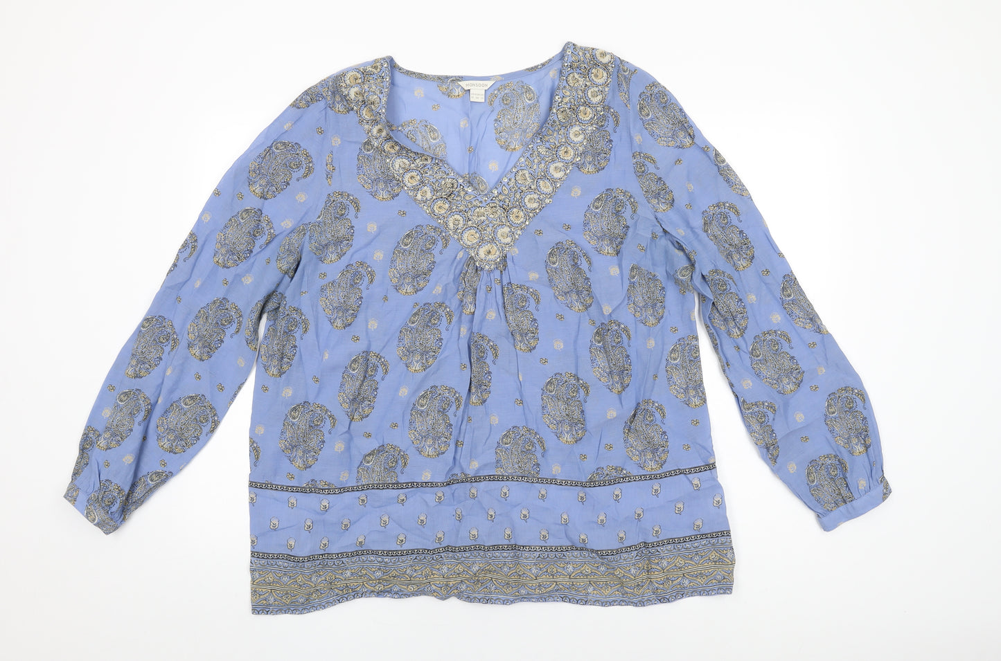 Monsoon Womens Blue Floral Cotton Basic T-Shirt Size 18 V-Neck