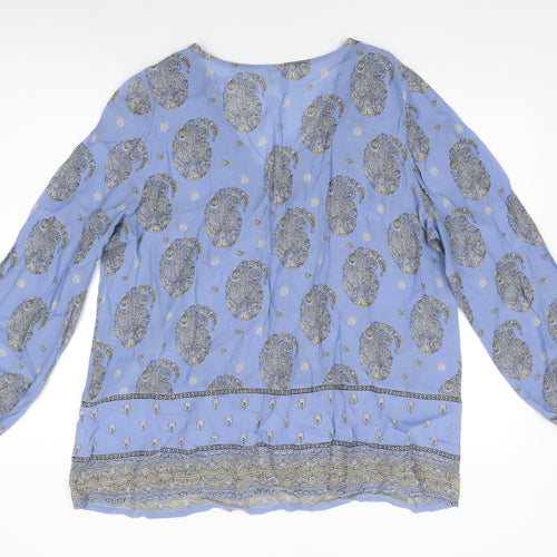 Monsoon Womens Blue Floral Cotton Basic T-Shirt Size 18 V-Neck