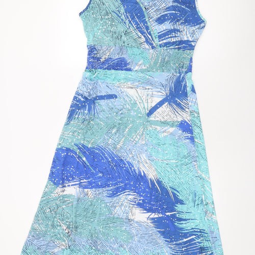 Cerulean Collection Womens Blue Geometric Polyester A-Line Size M V-Neck Snap - Leaf Print