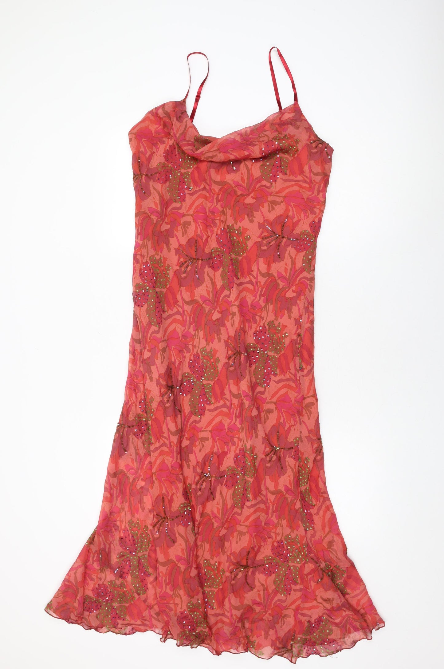 Wallis Womens Red Floral Silk Shift Size 14 Cowl Neck Pullover - Sequins