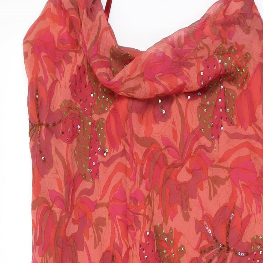 Wallis Womens Red Floral Silk Shift Size 14 Cowl Neck Pullover - Sequins