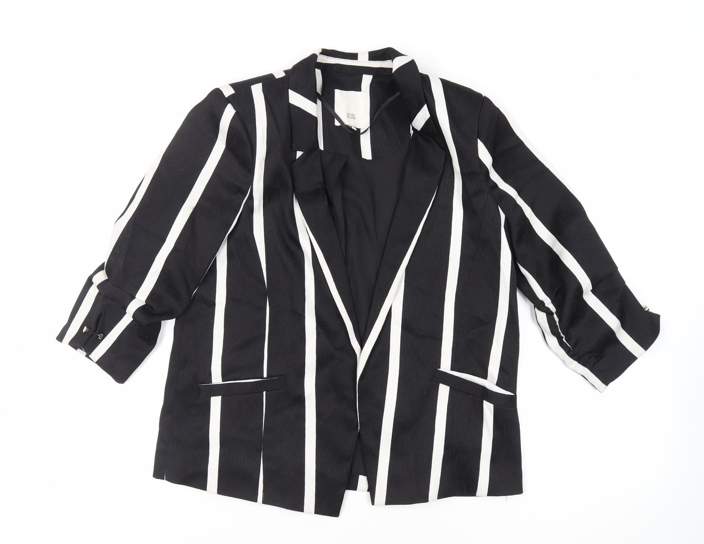 River Island Womens Black Striped Jacket Blazer Size 14 - Open Ruched Sleeve