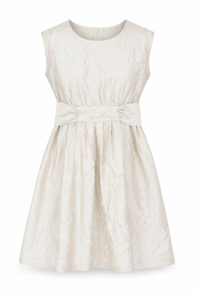 Front view of H&M women’s beige polyester a-line, size UK 12, round neck zip - sequin