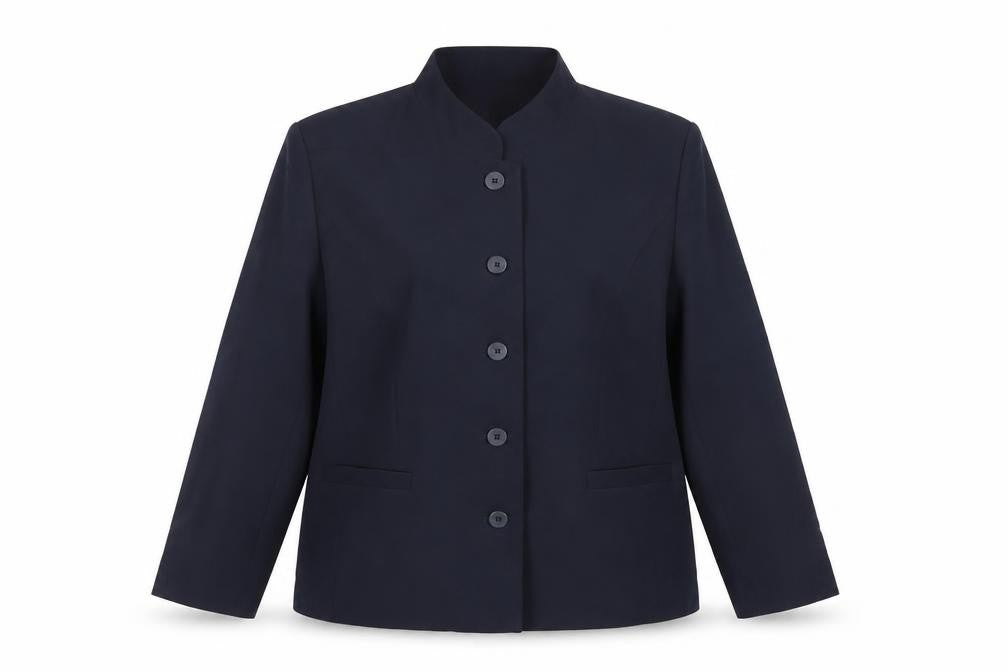Front view of Wardrobe women’s blue jacket blazer, size UK 18, button