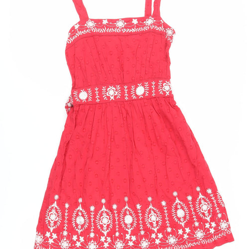 New Look Womens Red Floral Cotton Tank Dress Size 6 Square Neck - Embroidered