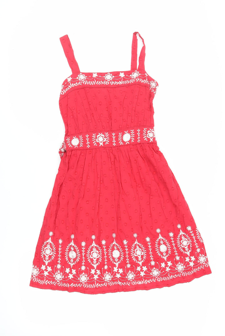 New Look Womens Red Floral Cotton Tank Dress Size 6 Square Neck - Embroidered