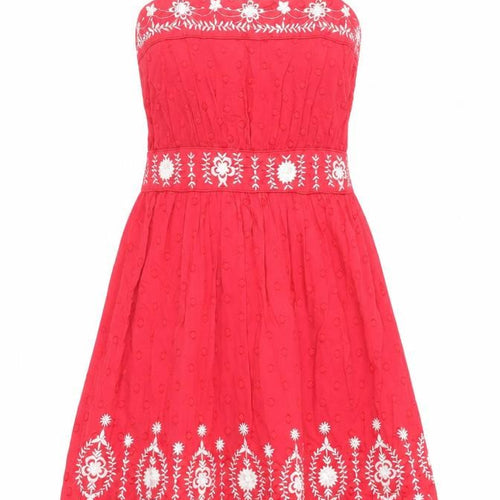 New Look Womens Red Floral Cotton Tank Dress Size 6 Square Neck - Embroidered
