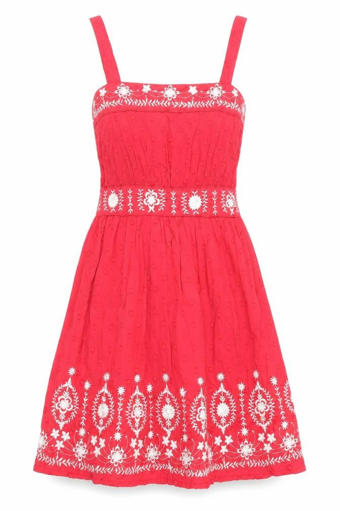 New Look Womens Red Floral Cotton Tank Dress Size 6 Square Neck - Embroidered