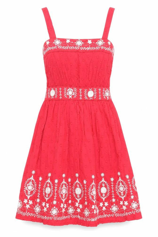 Front view of New Look women’s red floral cotton tank dress, size UK 6, square neck - embroidered
