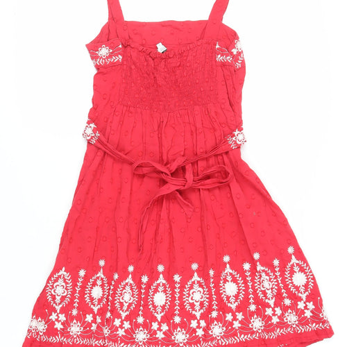 New Look Womens Red Floral Cotton Tank Dress Size 6 Square Neck - Embroidered