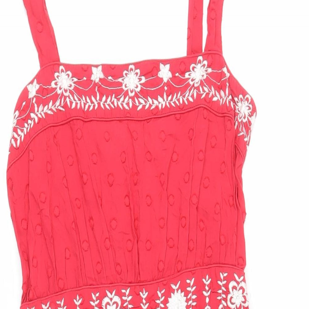 New Look Womens Red Floral Cotton Tank Dress Size 6 Square Neck - Embroidered