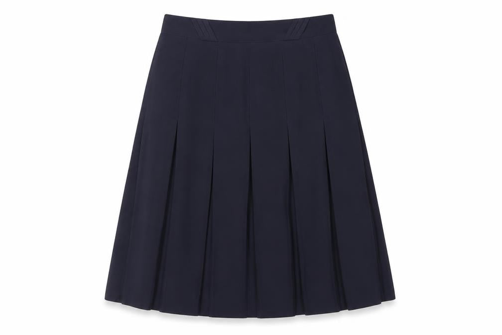 Front view of Epic women’s blue polyester pleated skirt, size UK 16, zip - sheer