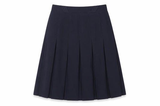 Front view of Epic women’s blue polyester pleated skirt, size UK 16, zip - sheer