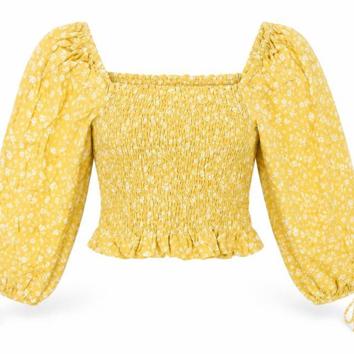New Look Womens Yellow Floral Viscose Cropped Blouse Size 10 Off the Shoulder - Shirred