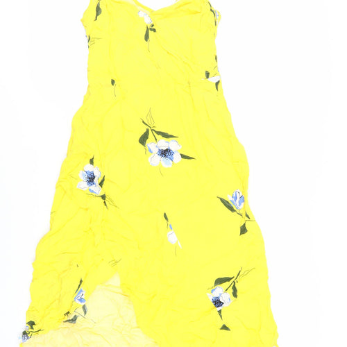 Warehouse Womens Yellow Floral Viscose Slip Dress Size 10 V-Neck Zip
