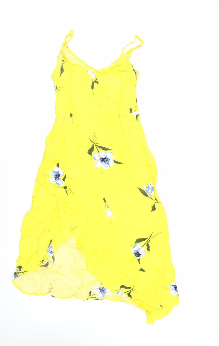 Warehouse Womens Yellow Floral Viscose Slip Dress Size 10 V-Neck Zip