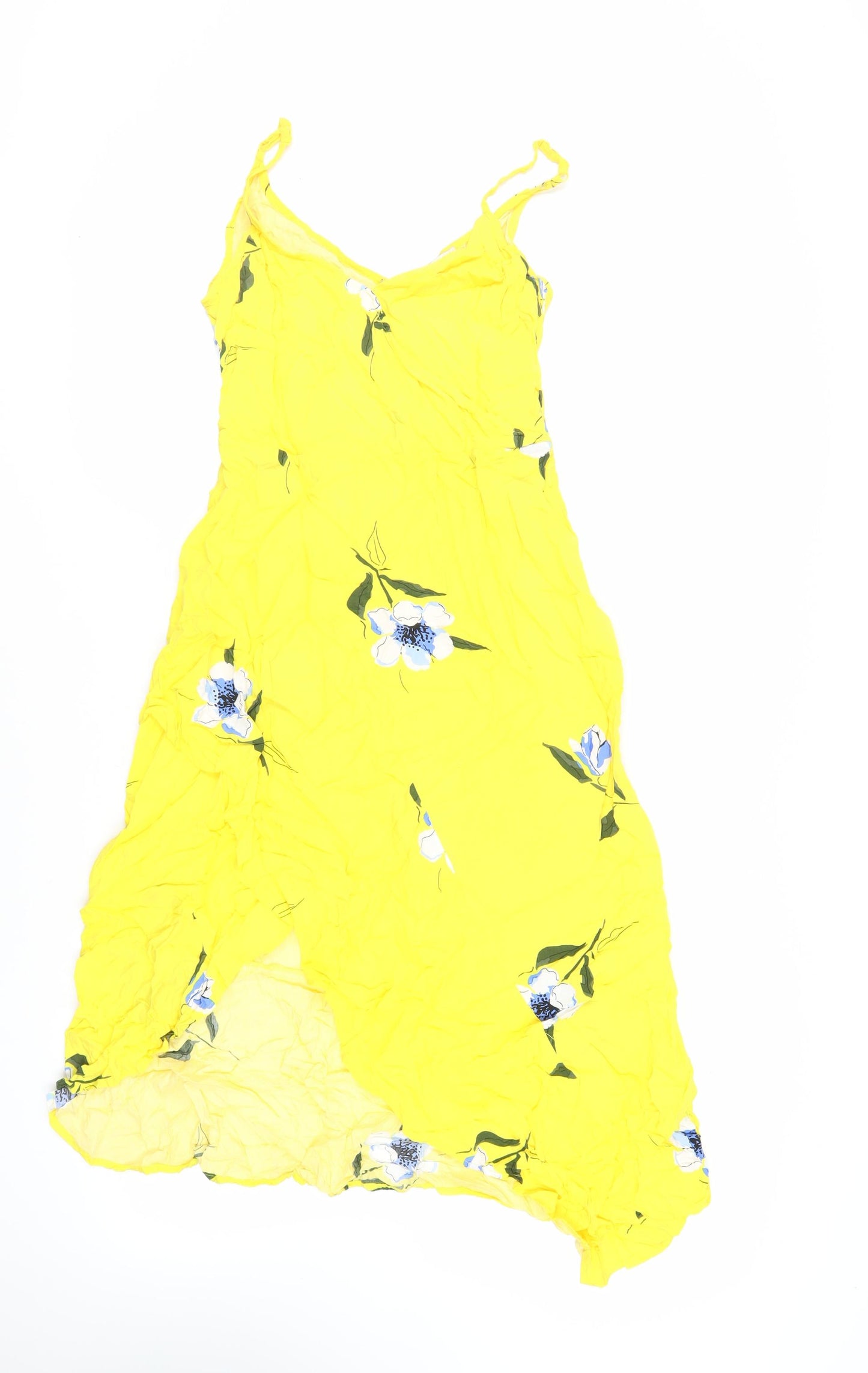 Warehouse Womens Yellow Floral Viscose Slip Dress Size 10 V-Neck Zip
