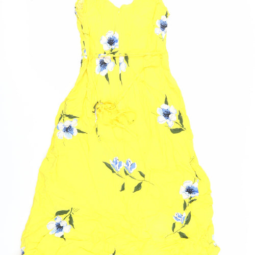 Warehouse Womens Yellow Floral Viscose Slip Dress Size 10 V-Neck Zip