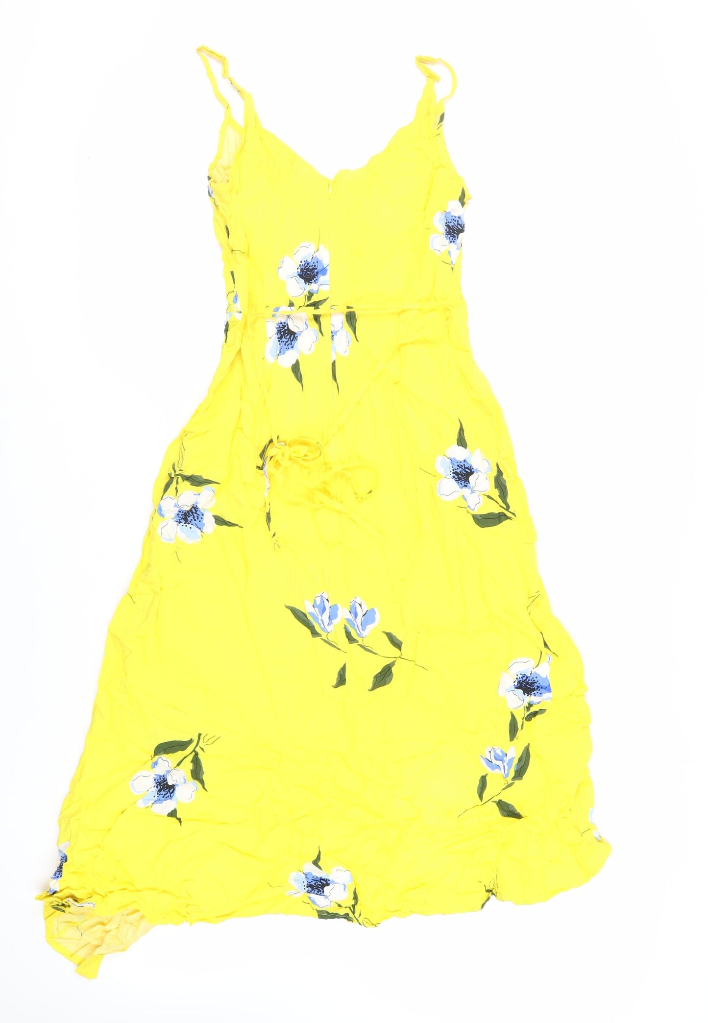 Warehouse Womens Yellow Floral Viscose Slip Dress Size 10 V-Neck Zip