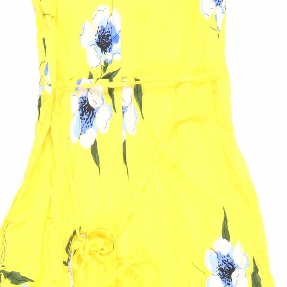 Warehouse Womens Yellow Floral Viscose Slip Dress Size 10 V-Neck Zip