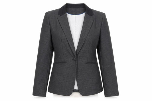 Front view of Next women’s grey geometric jacket blazer, size UK 10, button